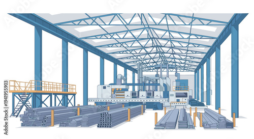 Modern industrial warehouse interior with steel beams and machinery