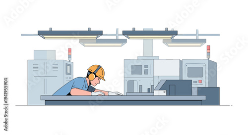 Industrial factory worker focused on blueprint design in modern