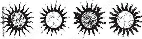 Four cracked sun designs with rays, black circular shapes textured and distressed, decorative celestial elements