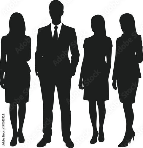 Silhouette of professional business team standing together, corporate leaders in suits, teamwork, unity, leadership, diversity, collaboration, partnership, success, office culture, career concept