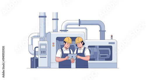 Teamwork in modern factory: engineers collaborate in front of