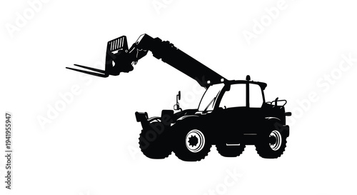 A stark black silhouette of a telehandler a heavy machinery vehicle against a white background silhouette