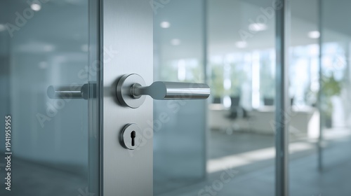 Close-up view of a door lock and handle on a glass door in a modern office showing corporate security in natural light