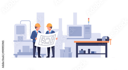 Engineers discussing construction plans in modern industrial factory