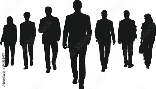 Silhouette of seven business professionals walking forward together, corporate attire, teamwork, leadership, unity, collaboration, diversity, success, office culture
