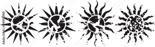set of four black sun symbols with different stylized rays and circular distressed designs