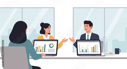 Business team collaboration in modern office setting with laptops and