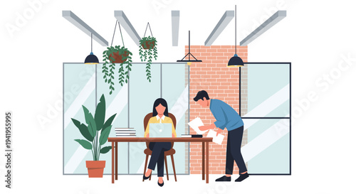 Modern office teamwork scene with indoor plants and colleagues