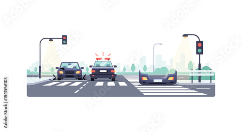 Urban traffic scene with cars and traffic lights in flat design