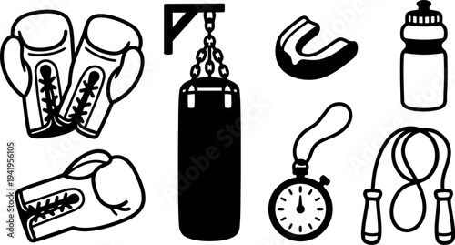 Minimalist black and white vector illustration of boxing gloves heavy bag mouthguard water bottle stopwatch jump rope gym equipment set