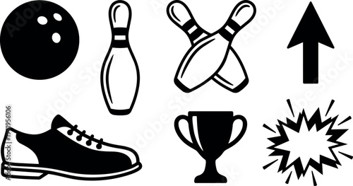 Minimalist black and white bowling ball shoe pin trophy explosion arrow sport icon set vector art collection