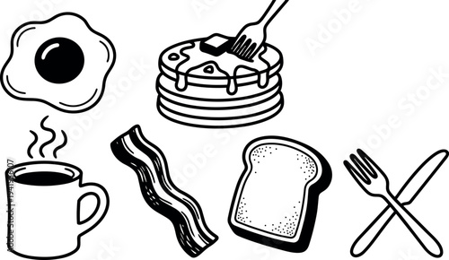 Black and white vector art of breakfast items fried egg stack of pancakes with syrup and butter cup of coffee crispy bacon slice of bread fork and knife utensils