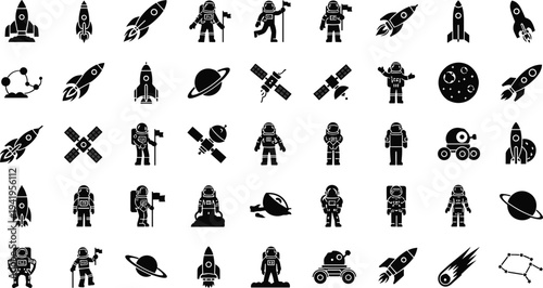 Black icons of astronauts, rockets, and planets in space