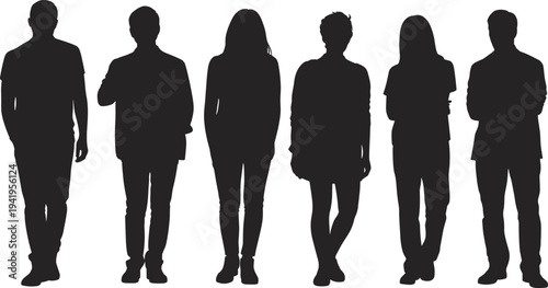 Silhouette of six diverse individuals standing side by side, casual and business attire, teamwork, unity, diversity, collaboration, group dynamics, lifestyle concept