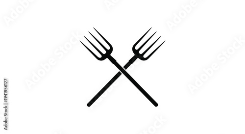 Two black pitchforks are crossed against a white backdrop creating a striking silhouette high quality professional