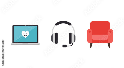 Flat style icons of laptop with heart headset and red armchair on