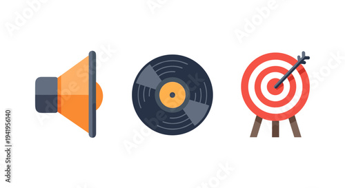 Colorful audio speaker vinyl record and bullseye target in flat design