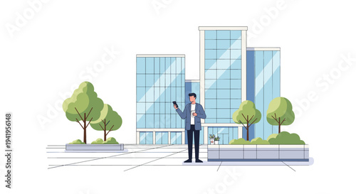 Modern office building with trees and businessman using smartphone
