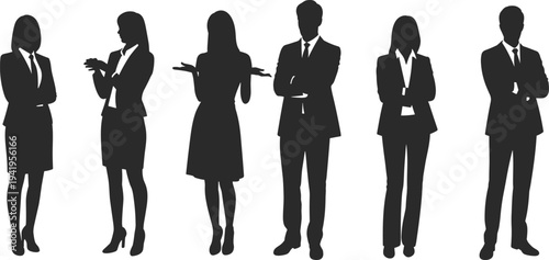 Silhouette of six diverse business professionals standing in a row, corporate attire, teamwork, leadership, collaboration, diversity, unity, success, office culture, workplace concept