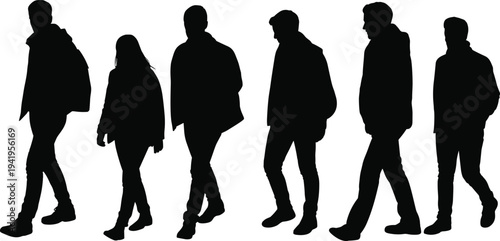 Silhouette of six diverse individuals walking forward, casual attire, motion, unity, diversity, lifestyle, group dynamics, communication, social interaction, psychology concept