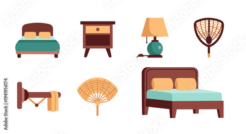 Flat bedroom furniture and decor icons for home interior design