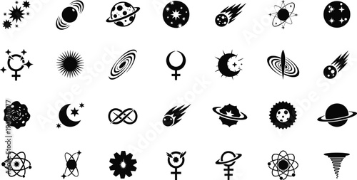 Black icons of celestial objects and symbols on white background