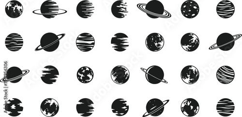 Black and white planet icons for astronomy and space designs