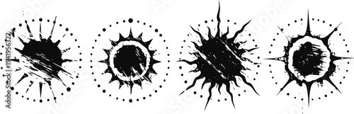 grungy sunburst icons set vintage distressed radial shapes with splat and scratch textures