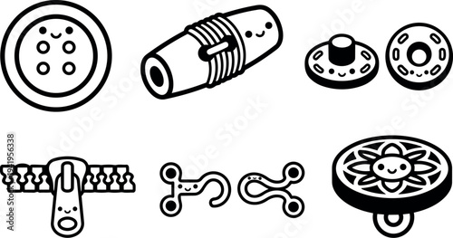 Cute black and white kawaii style sewing tools icons set including button zipper hook fastener spool and decorative flower charm