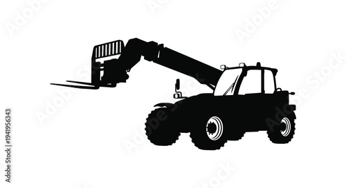 A black silhouette of a telescopic handler with raised forks showcasing industrial machinery silhouette high quality