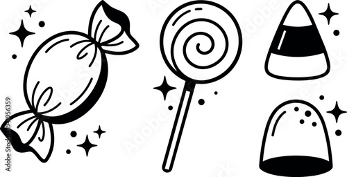 Black and white minimalist vector art of wrapped candy lollipop and candy corn pieces in flat style isolated on white background