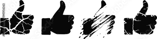 Set of four black thumbs up icons in different cracked and grunge styles, symbols of approval and positive feedback