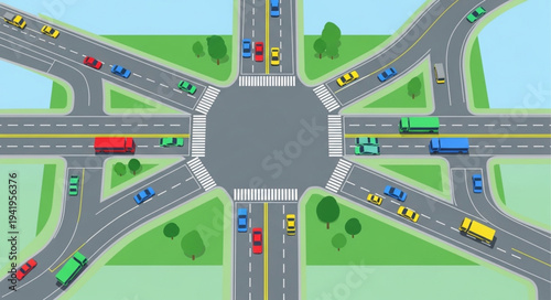 Aerial View of a Busy Traffic Roundabout.