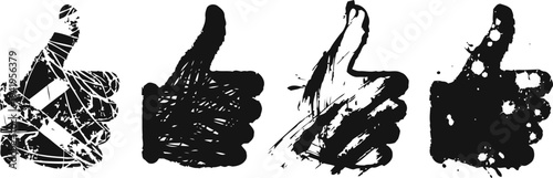 grunge thumbs up icons set hand gesture silhouettes with distressed texture and rough