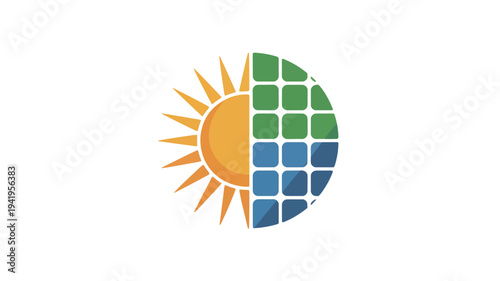 Circular Solar Energy Symbol with Sun Rays and Solar Panel Renewable Power Concept