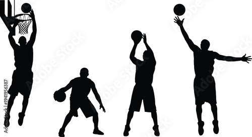 Basketball player silhouette set, athletes dribbling shooting dunking ball isolated on white background, sports action competition concept illustration