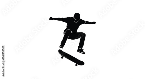 A dynamic black silhouette of a skateboarder performing an aerial trick in mid air silhouette high quality