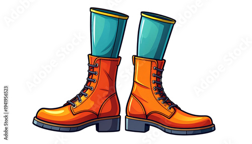A colorful cartoon illustration of a pair of orange boots with teal socks on transparent background