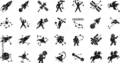 Black silhouettes of space and astronomy concepts