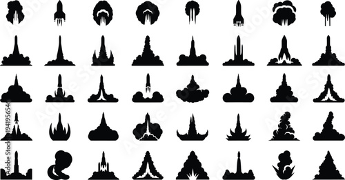 Black silhouettes of rockets launching into space with smoke