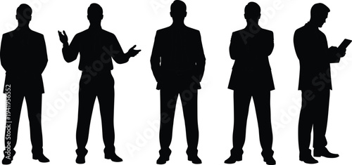 Businessman silhouette set standing and presenting ideas, professional corporate men isolated on white background, leadership communication concept illustration
