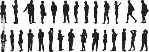 "Silhouettes of diverse men and women standing in casual and business attire, posture study, fashion design, character modeling, social behavior, urban lifestyle illustration