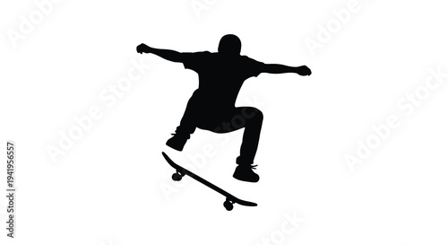 A dynamic black silhouette of a skateboarder performing an aerial trick mid air silhouette high quality professional