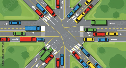 Busy Intersection with Cars and Trucks in Gridlock.