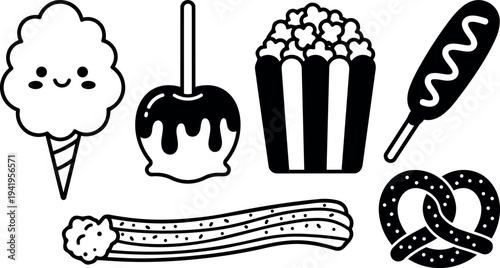 Cute black and white line art cotton candy toffee apple popcorn corn dog churros and pretzel snack icons set