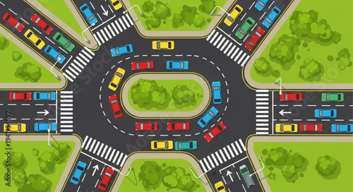 Aerial View of a Busy Traffic Roundabout with Cars.