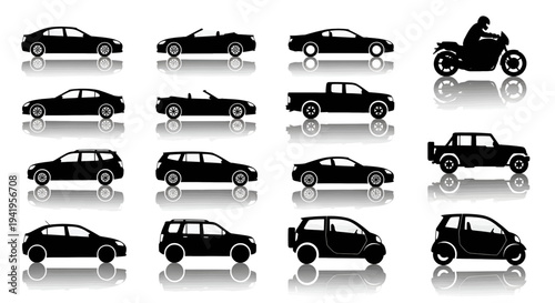 Black silhouettes of various cars and a motorcycle on a white background car silhouette vehicle