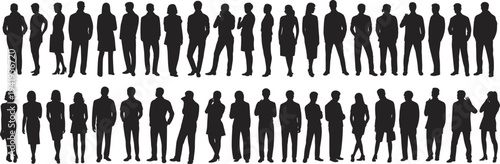 Silhouettes of diverse professionals and individuals standing in business and casual attire, posture study, workplace diversity, fashion design, demographic representation illustration