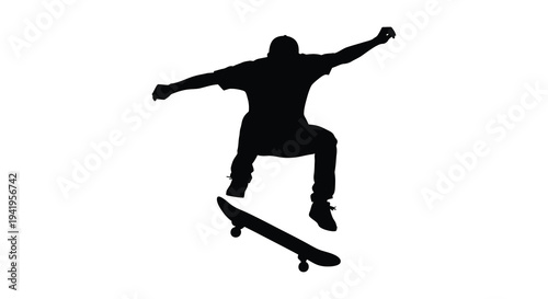 A dynamic skateboarder in mid air captured as a striking black shape silhouette high quality professional detailed