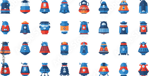 Collection of diverse futuristic robot designs in blue and orange